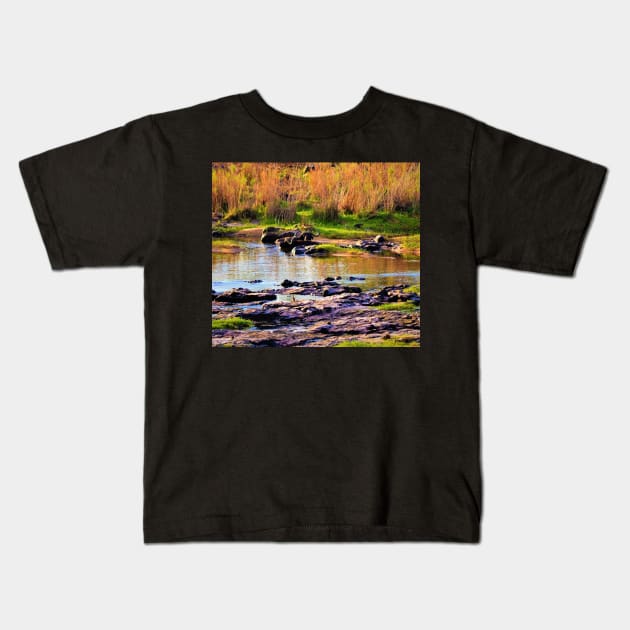Water Buffalo in Crocodile River Kids T-Shirt by Fitra Design